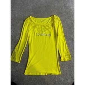 Y2K Bebe‎ Womens Neon Yellow Ribbed Rhinestone Logo 3/4 Sleeve Lace Trim Top XS